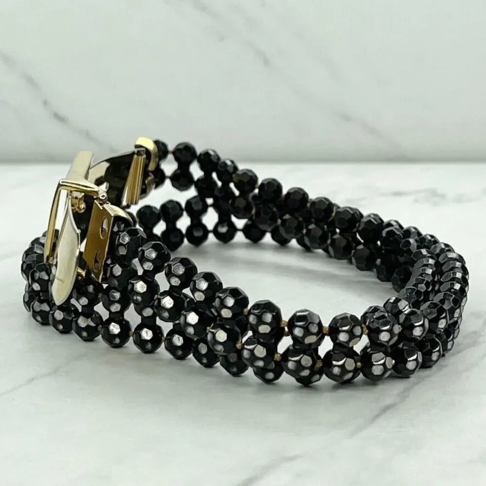 Black Beaded Belt Gold Tone Buckle Statement Small (S) ✨